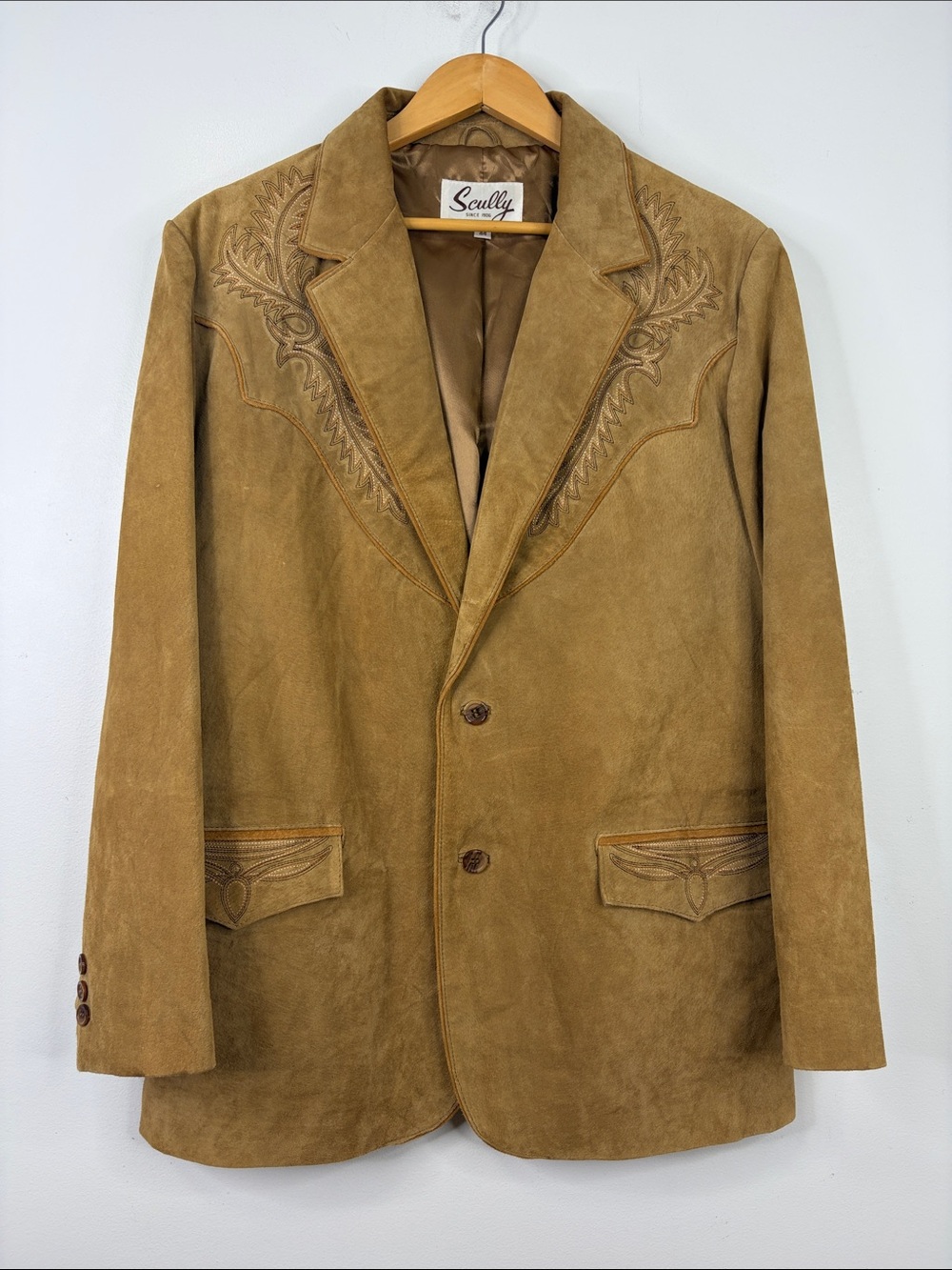 Scully Blazer Mens 44 Tan Brown Suede Leather Trim Embroidered Cowboy Jacket